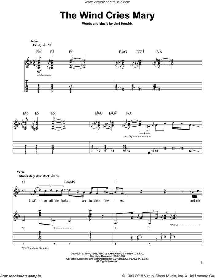 The Wind Cries Mary sheet music for guitar (tablature, play-along) by Jimi Hendrix, intermediate skill level
