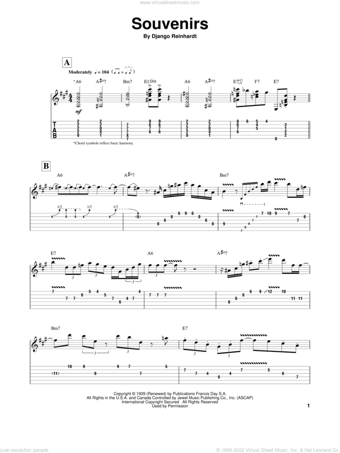 Souvenirs sheet music for guitar (tablature, play-along) by Django Reinhardt, intermediate skill level
