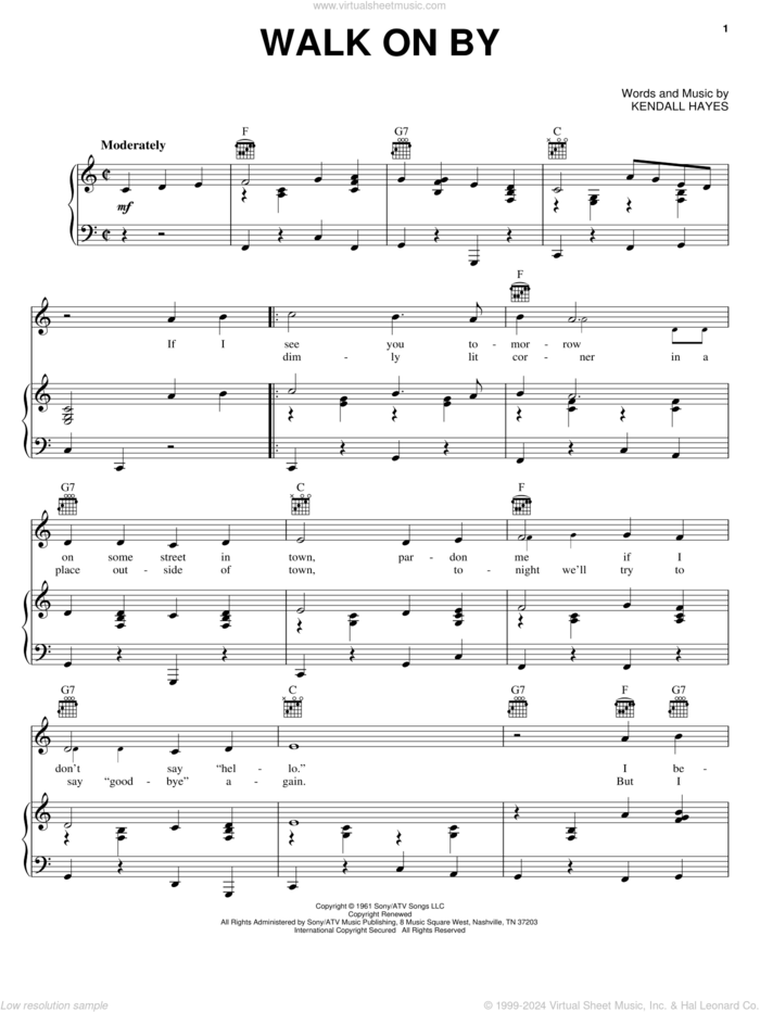 Walk On By sheet music for voice, piano or guitar by Leroy Van Dyke, Asleep At The Wheel, Charley Pride and Kendall Hays, intermediate skill level