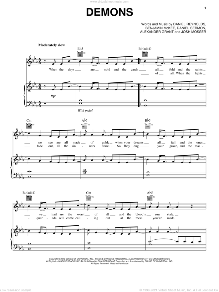Demons sheet music for voice, piano or guitar by Imagine Dragons, intermediate skill level
