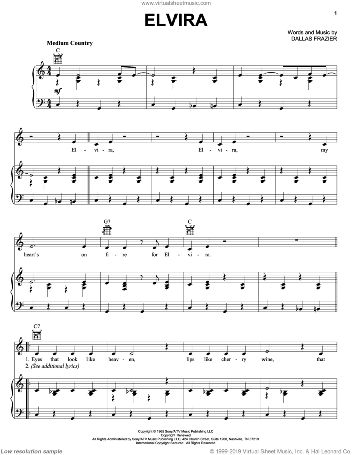 Elvira sheet music for voice, piano or guitar by Oak Ridge Boys and Dallas Frazier, intermediate skill level