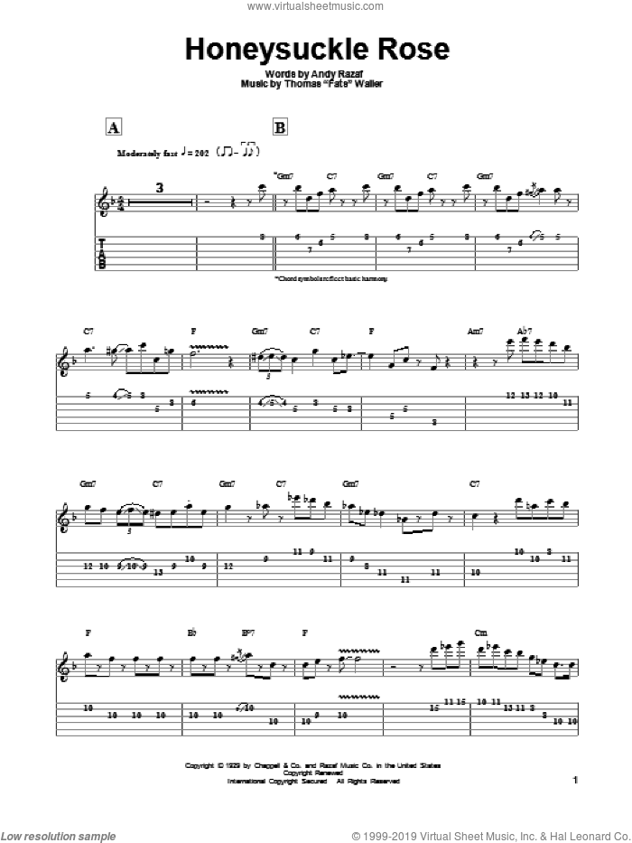 Honeysuckle Rose sheet music for guitar (tablature, play-along) by Django Reinhardt and Andy Razaf, intermediate skill level