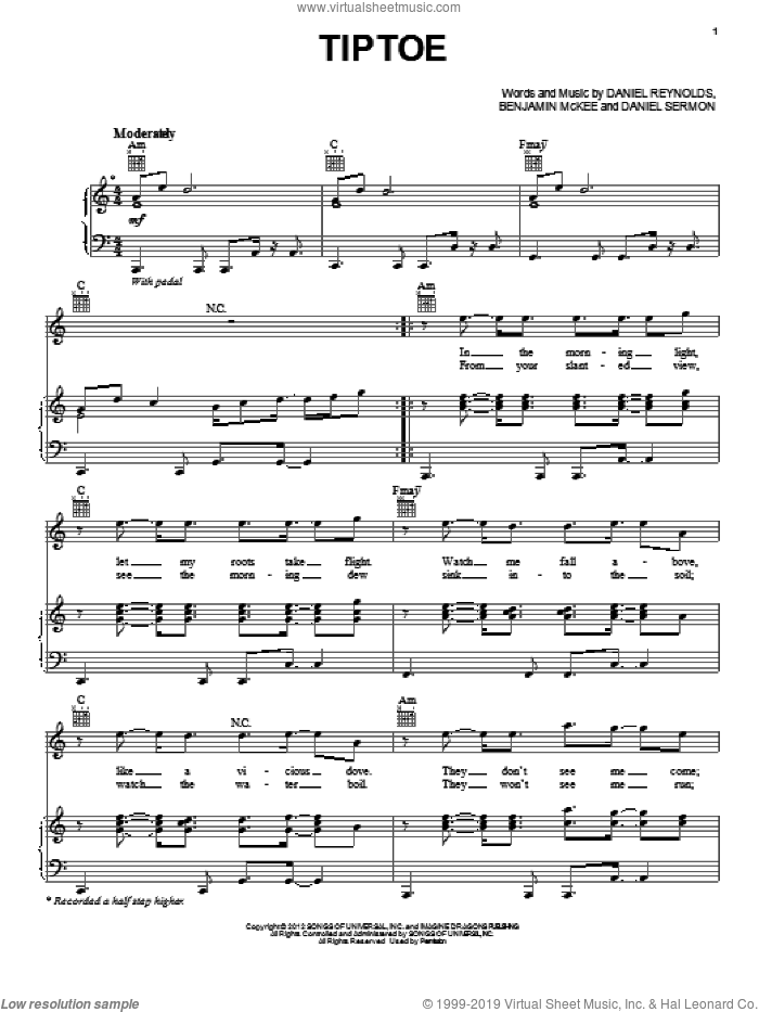 Tiptoe sheet music for voice, piano or guitar by Imagine Dragons, Benjamin McKee, Daniel Reynolds and Daniel Sermon, intermediate skill level