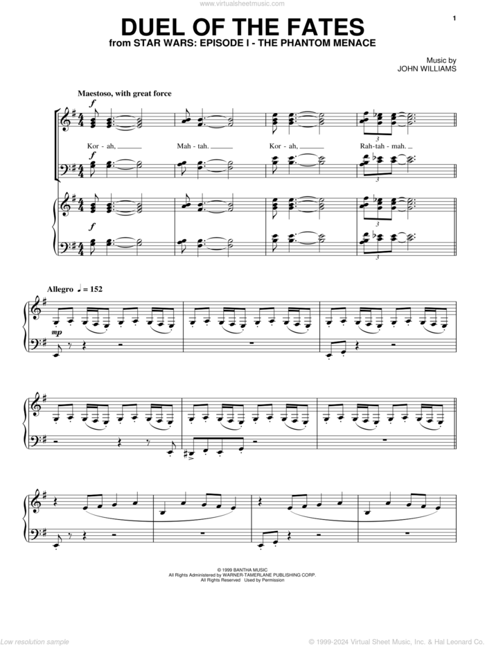 Duel Of The Fates (from Star Wars: The Phantom Menace) sheet music for voice and piano by John Williams and Star Wars (Movie), intermediate skill level