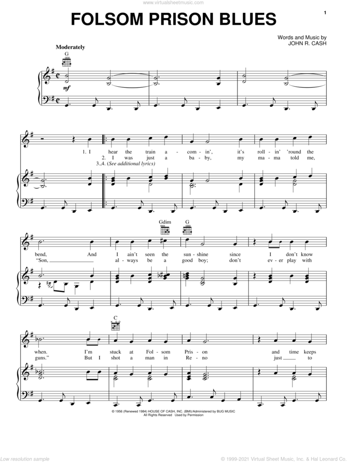 Folsom Prison Blues sheet music for voice, piano or guitar by Johnny Cash and Walk The Line (Movie), intermediate skill level