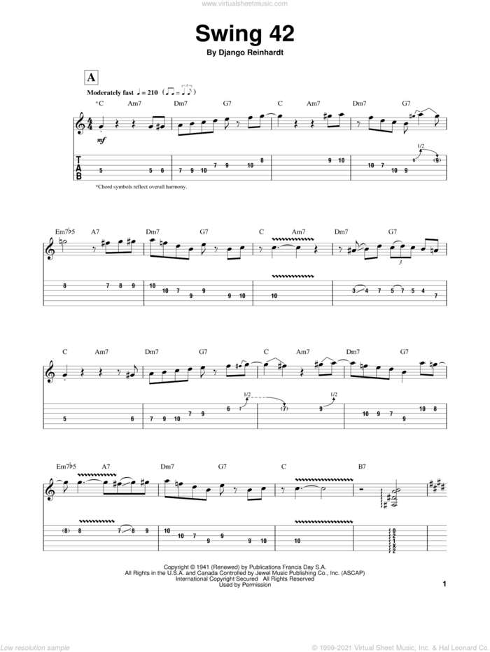 Swing 42 sheet music for guitar (tablature, play-along) by Django Reinhardt, intermediate skill level