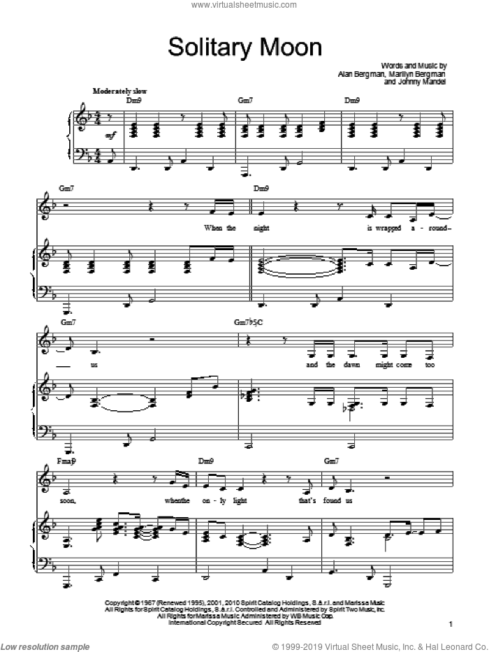Solitary Moon sheet music for voice, piano or guitar by Barbra Streisand, Alan Bergman and Marilyn Bergman, intermediate skill level