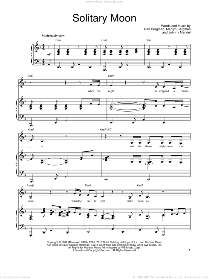 Solitary Moon sheet music for voice, piano or guitar by Barbra Streisand, Alan Bergman and Marilyn Bergman, intermediate skill level