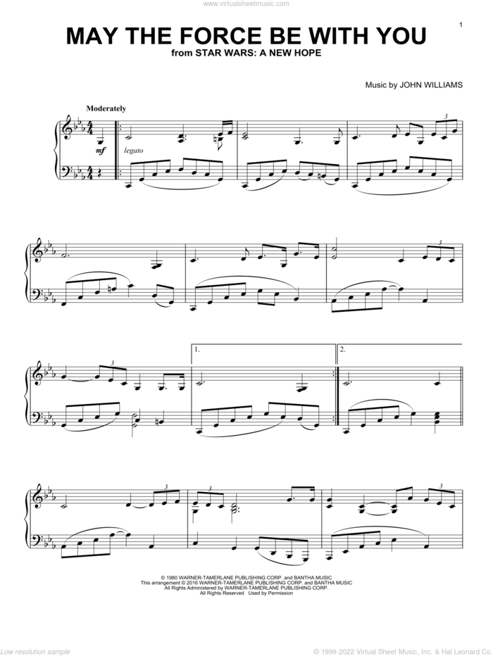 May The Force Be With You (from Star Wars: A New Hope), (intermediate) sheet music for piano solo by John Williams and Star Wars (Movie), intermediate skill level