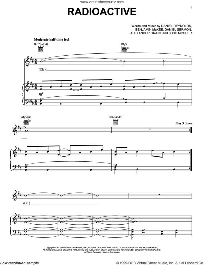 Radioactive sheet music for voice, piano or guitar by Imagine Dragons, intermediate skill level