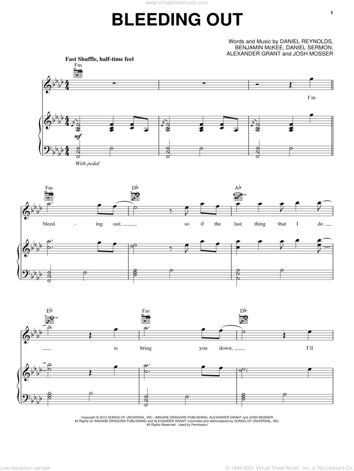 Bleeding Out sheet music for voice, piano or guitar by Imagine Dragons, intermediate skill level
