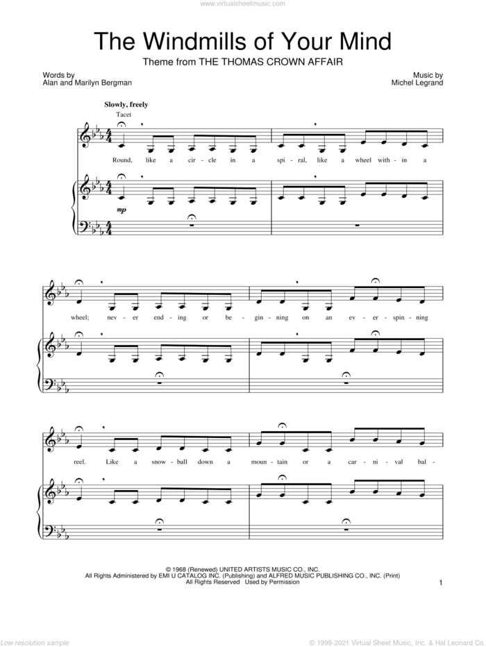 The Windmills Of Your Mind sheet music for voice, piano or guitar by Barbra Streisand, Alan Bergman, Marilyn Bergman and Michel LeGrand, intermediate skill level