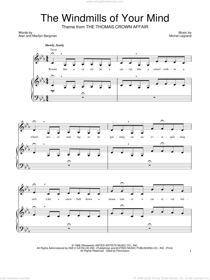 The Windmills Of Your Mind sheet music for voice, piano or guitar by Barbra Streisand, Alan Bergman, Marilyn Bergman and Michel LeGrand, intermediate skill level