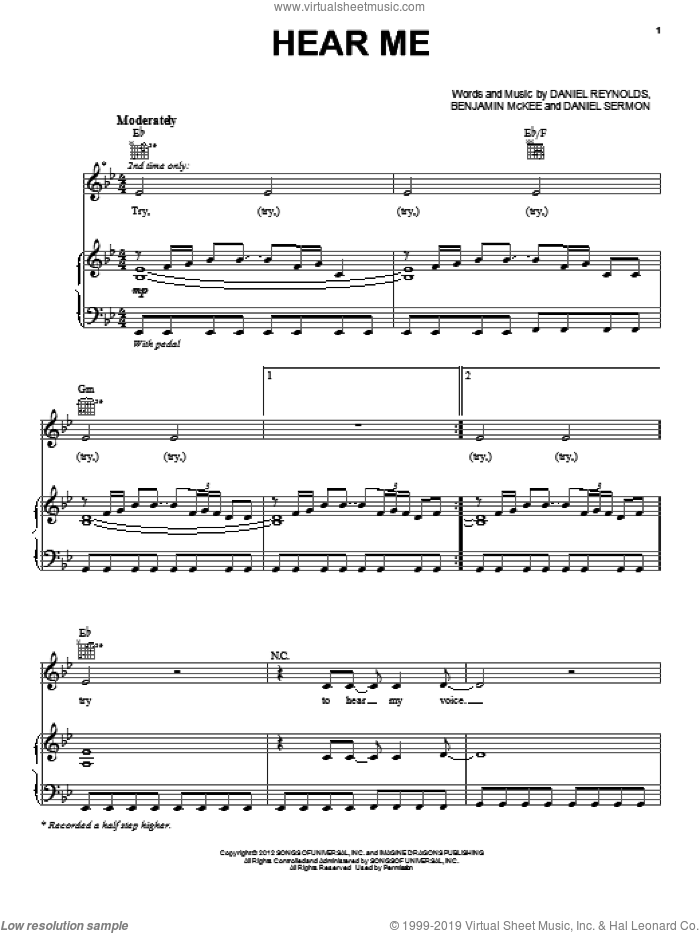 Hear Me sheet music for voice, piano or guitar by Imagine Dragons, intermediate skill level