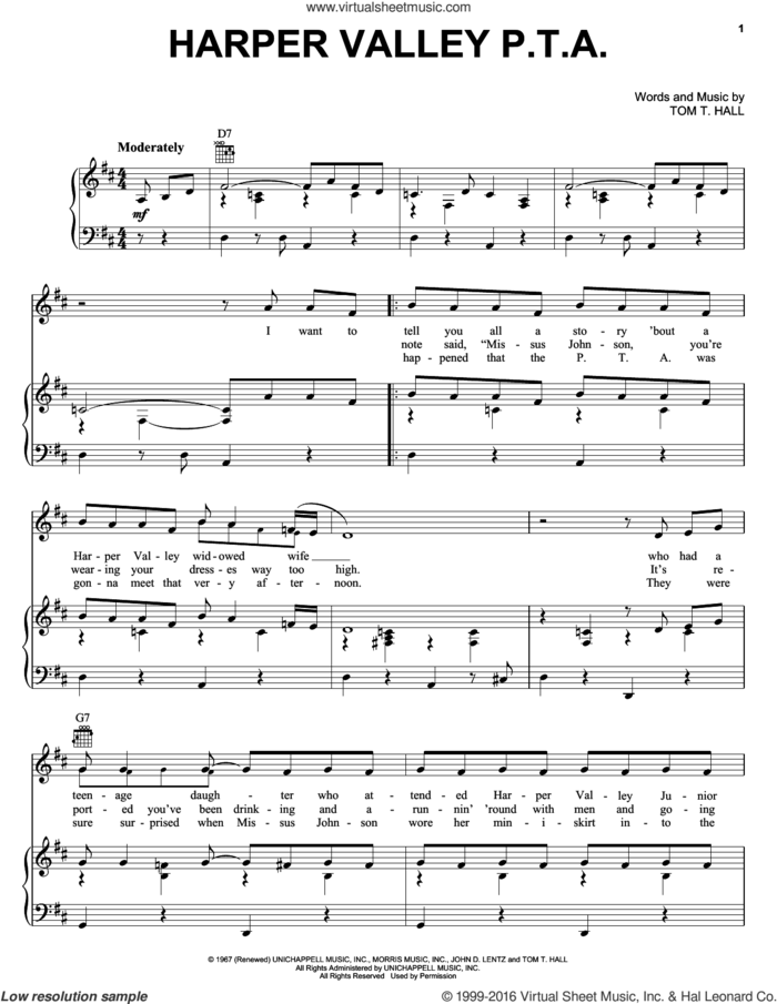 Harper Valley P.T.A. sheet music for voice, piano or guitar by Jeannie C. Riley, Dolly Parton and Tom T. Hall, intermediate skill level
