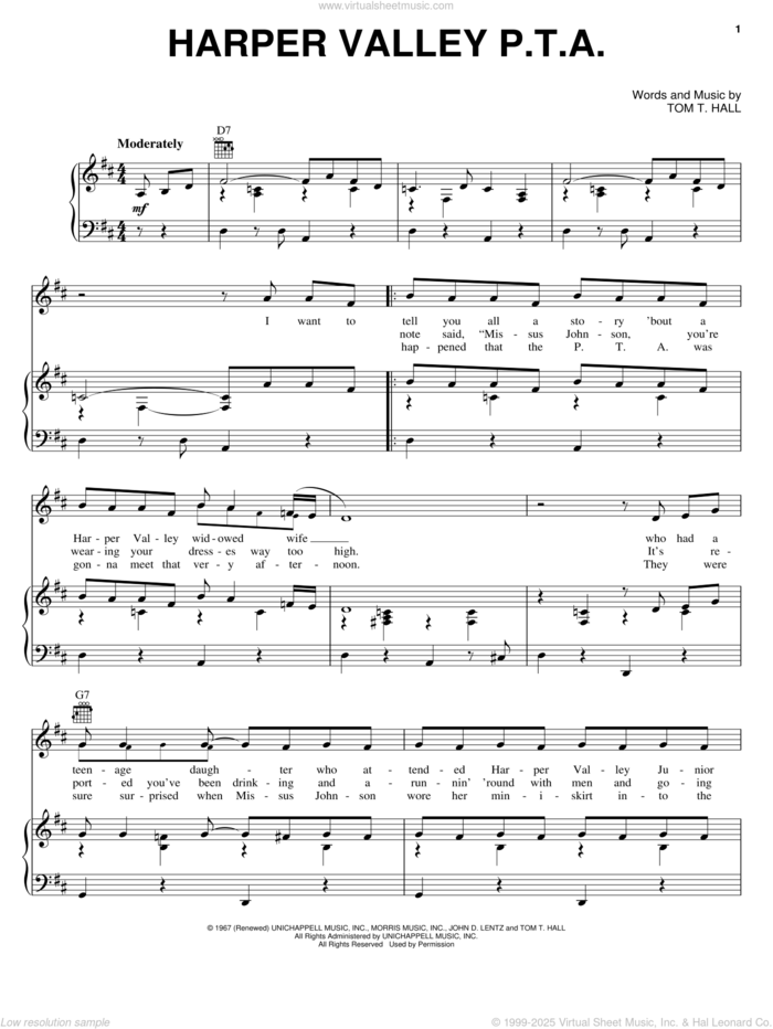 Harper Valley P.T.A. sheet music for voice, piano or guitar by Jeannie C. Riley, Dolly Parton and Tom T. Hall, intermediate skill level