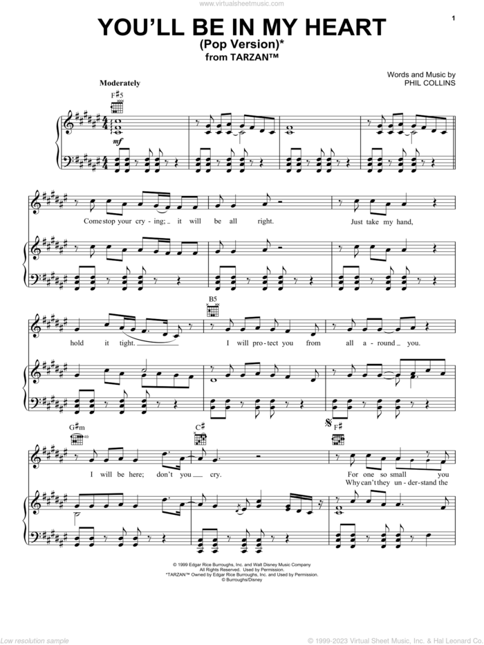You'll Be In My Heart (Pop Version) sheet music for voice, piano or guitar by Phil Collins, intermediate skill level