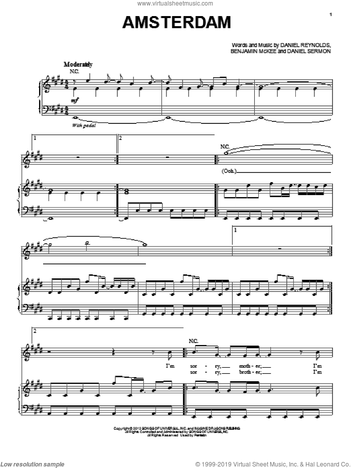 Amsterdam sheet music for voice, piano or guitar by Imagine Dragons, intermediate skill level