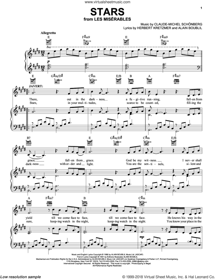 Stars sheet music for voice, piano or guitar by Claude-Michel Schonberg, Alain Boublil and Herbert Kretzmer, intermediate skill level