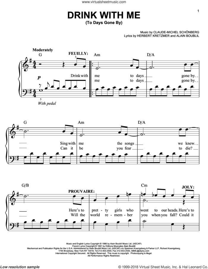 Drink With Me (To Days Gone By), (easy) sheet music for piano solo by Claude-Michel Schonberg, Alain Boublil and Herbert Kretzmer, easy skill level