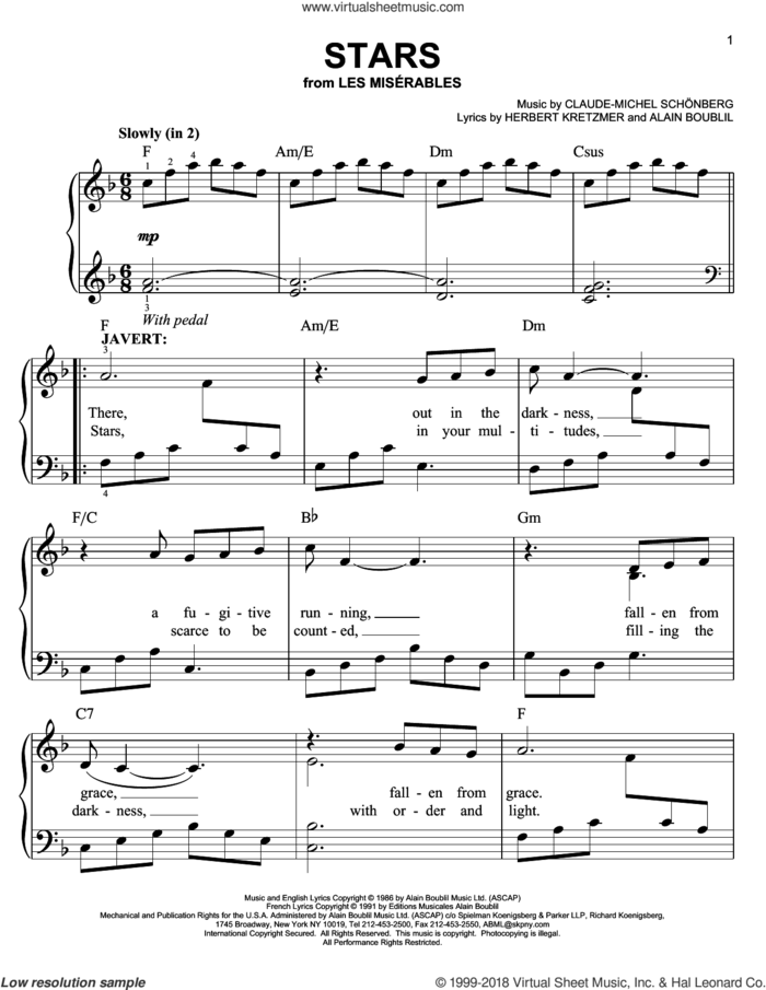 Stars sheet music for piano solo by Claude-Michel Schonberg, Alain Boublil and Herbert Kretzmer, easy skill level