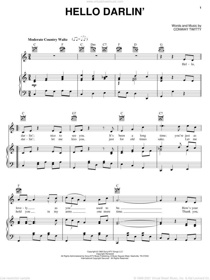Hello Darlin' sheet music for voice, piano or guitar by Conway Twitty, intermediate skill level
