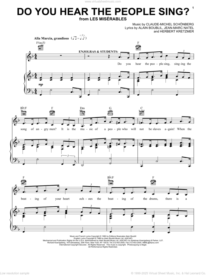 Do You Hear The People Sing? (from Les Miserables) sheet music for voice, piano or guitar by Claude-Michel Schonberg, Alain Boublil and Herbert Kretzmer, intermediate skill level