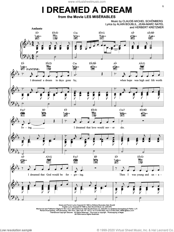 I Dreamed A Dream sheet music for voice, piano or guitar by Claude-Michel Schonberg, Alain Boublil and Herbert Kretzmer, intermediate skill level