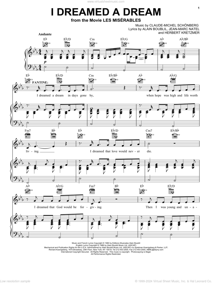 I Dreamed A Dream sheet music for voice, piano or guitar by Claude-Michel Schonberg, Alain Boublil and Herbert Kretzmer, intermediate skill level