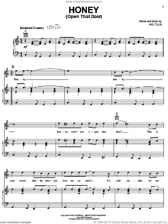 Honey (Open That Door) sheet music for voice, piano or guitar by Ricky Skaggs and Mel Tillis, intermediate skill level