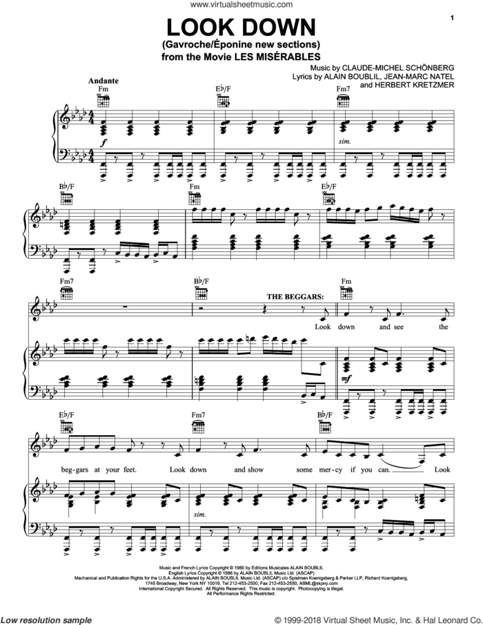 Look Down (Gavroche) sheet music for voice, piano or guitar by Claude-Michel Schonberg, Alain Boublil and Herbert Kretzmer, intermediate skill level