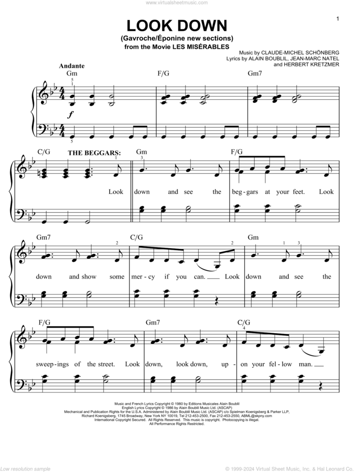 Look Down (Gavroche) sheet music for piano solo by Claude-Michel Schonberg, Alain Boublil and Herbert Kretzmer, easy skill level