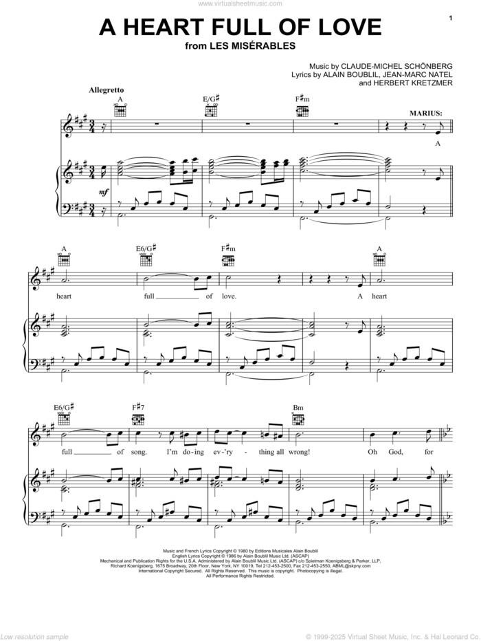 A Heart Full Of Love sheet music for voice, piano or guitar by Claude-Michel Schonberg, Alain Boublil and Herbert Kretzmer, intermediate skill level