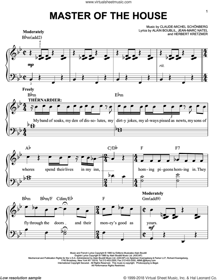 Master Of The House (from Les Miserables) sheet music for piano solo by Claude-Michel Schonberg, Alain Boublil and Herbert Kretzmer, easy skill level