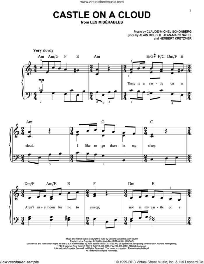 Castle On A Cloud, (easy) sheet music for piano solo by Claude-Michel Schonberg, Alain Boublil and Herbert Kretzmer, easy skill level