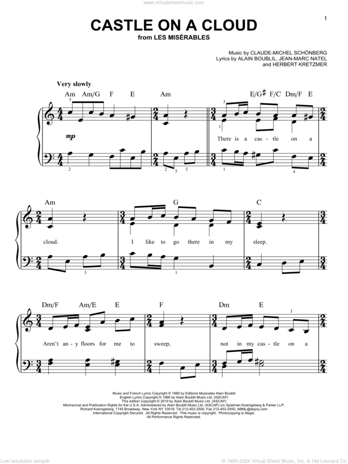 Castle On A Cloud, (easy) sheet music for piano solo by Claude-Michel Schonberg, Alain Boublil and Herbert Kretzmer, easy skill level