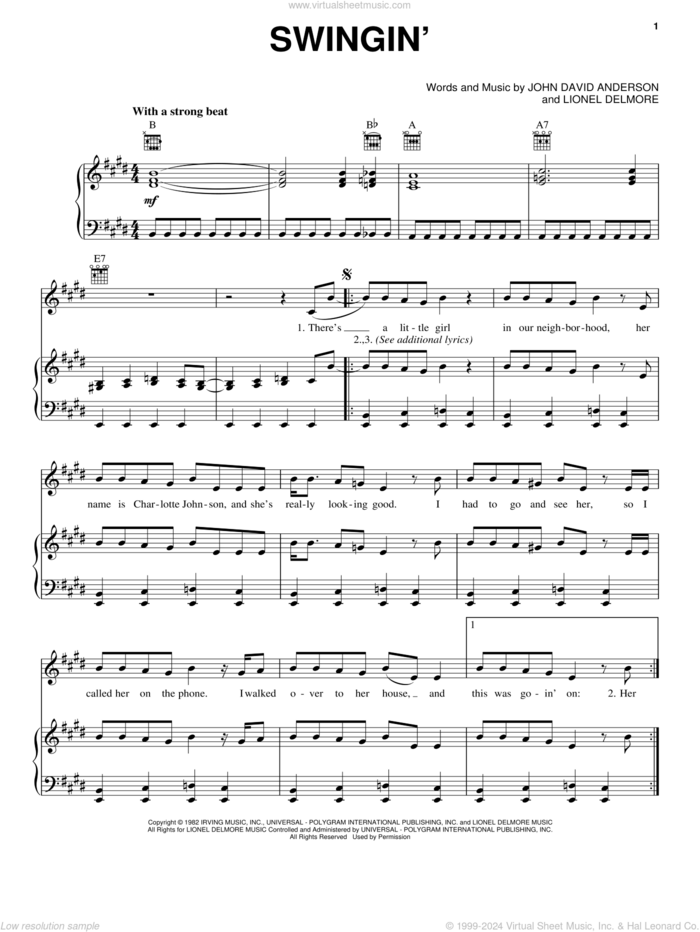 Swingin' sheet music for voice, piano or guitar by John Anderson, John David Anderson and Lionel Delmore, intermediate skill level