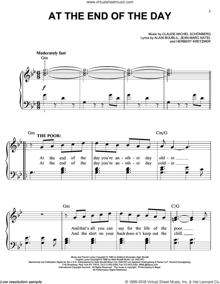 At The End Of The Day sheet music for piano solo by Claude-Michel Schonberg, Alain Boublil and Herbert Kretzmer, easy skill level