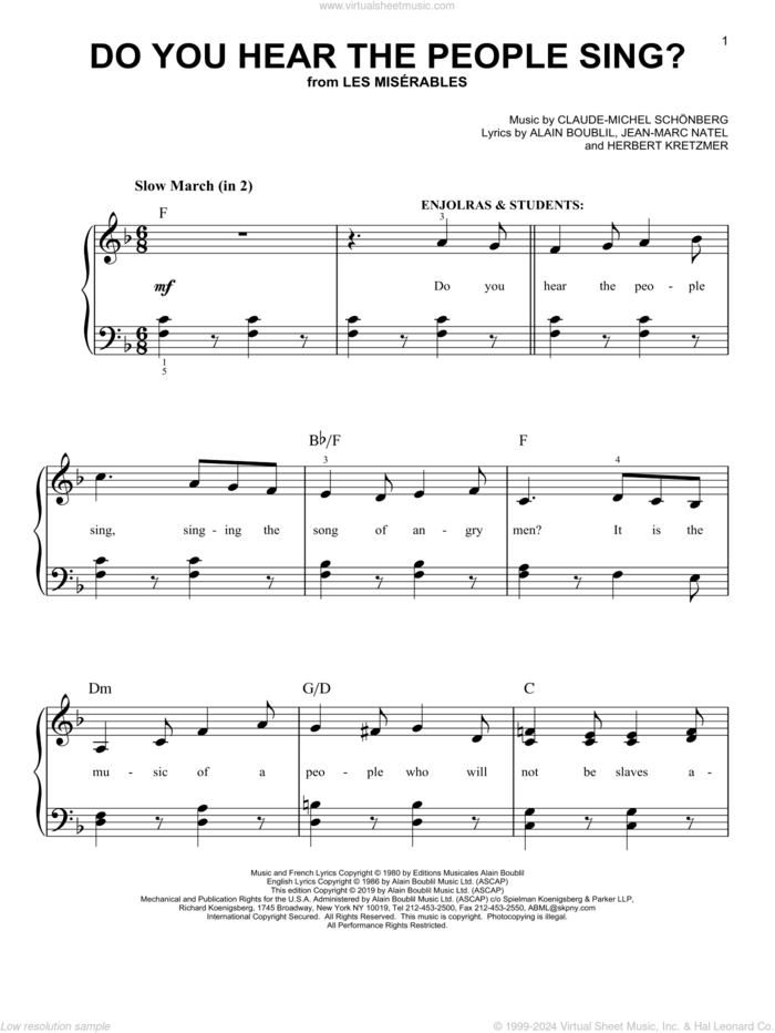 Do You Hear The People Sing? sheet music for piano solo by Claude-Michel Schonberg, Alain Boublil and Herbert Kretzmer, beginner skill level