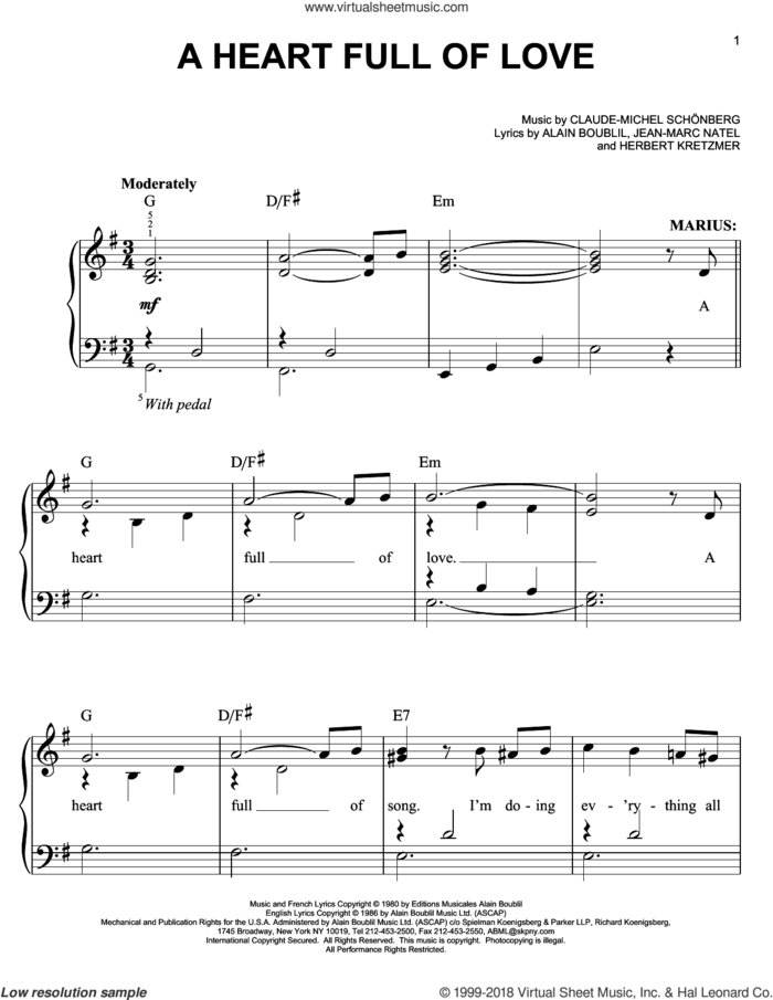 A Heart Full Of Love, (easy) sheet music for piano solo by Claude-Michel Schonberg, Alain Boublil and Herbert Kretzmer, easy skill level