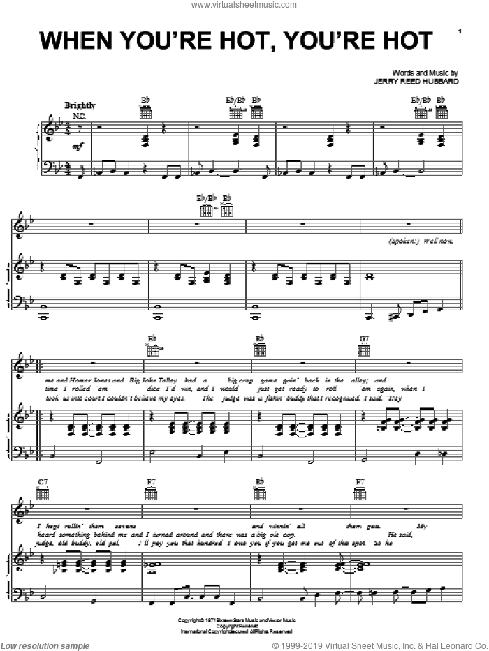 When You're Hot, You're Hot sheet music for voice, piano or guitar by Jerry Reed and Jerry Hubbard, intermediate skill level