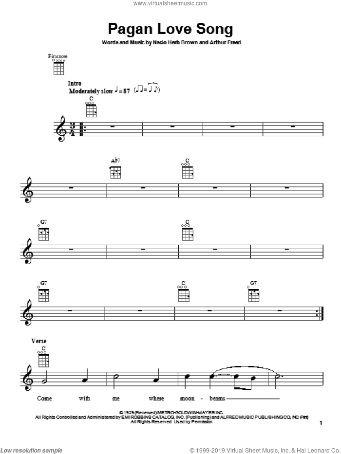 Pagan Love Song sheet music for ukulele by Arthur Freed and Nacio Herb Brown, intermediate skill level