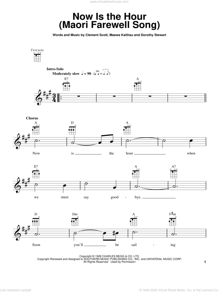 Now Is The Hour (Maori Farewell Song) sheet music for ukulele by Bing Crosby, Clement Scott, Dorothy Stewart and Maewa Kaithau, intermediate skill level