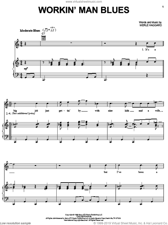 Workin' Man Blues sheet music for voice, piano or guitar by Merle Haggard, intermediate skill level