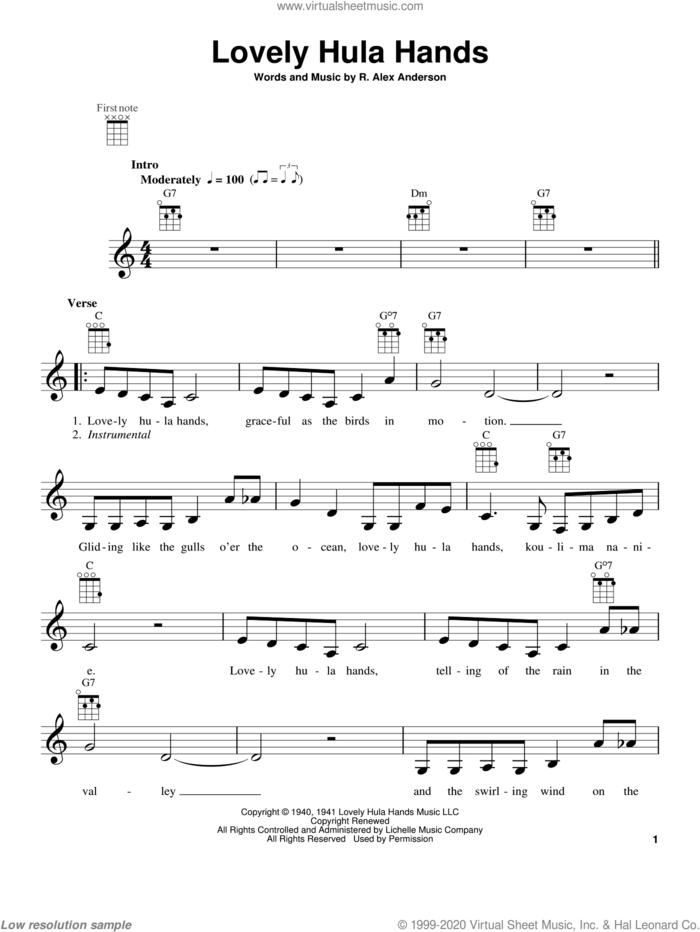 Lovely Hula Hands sheet music for ukulele by R. Alex Anderson, intermediate skill level