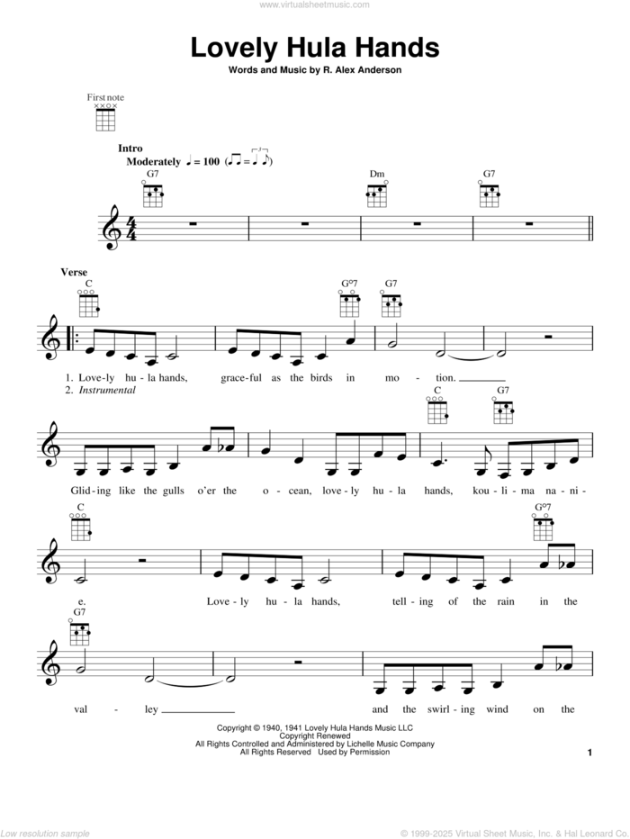 Lovely Hula Hands sheet music for ukulele by R. Alex Anderson, intermediate skill level