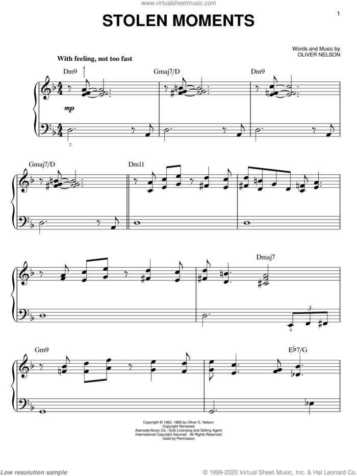 Stolen Moments, (easy) sheet music for piano solo by Oliver Nelson, easy skill level