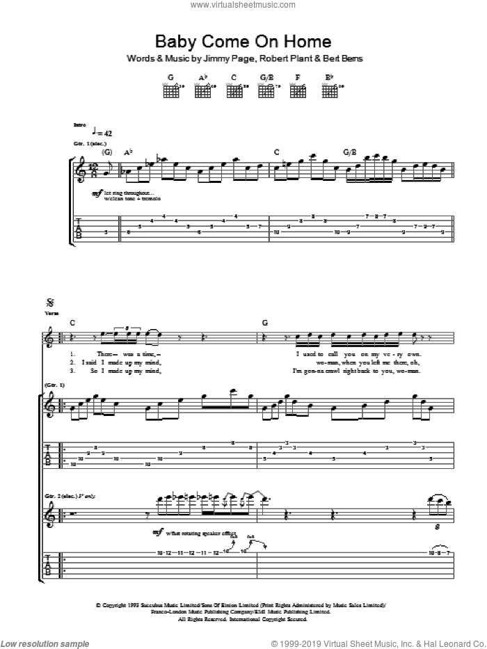 Baby Come On Home sheet music for guitar (tablature) by Led Zeppelin, Bert Berns, Jimmy Page and Robert Plant, intermediate skill level