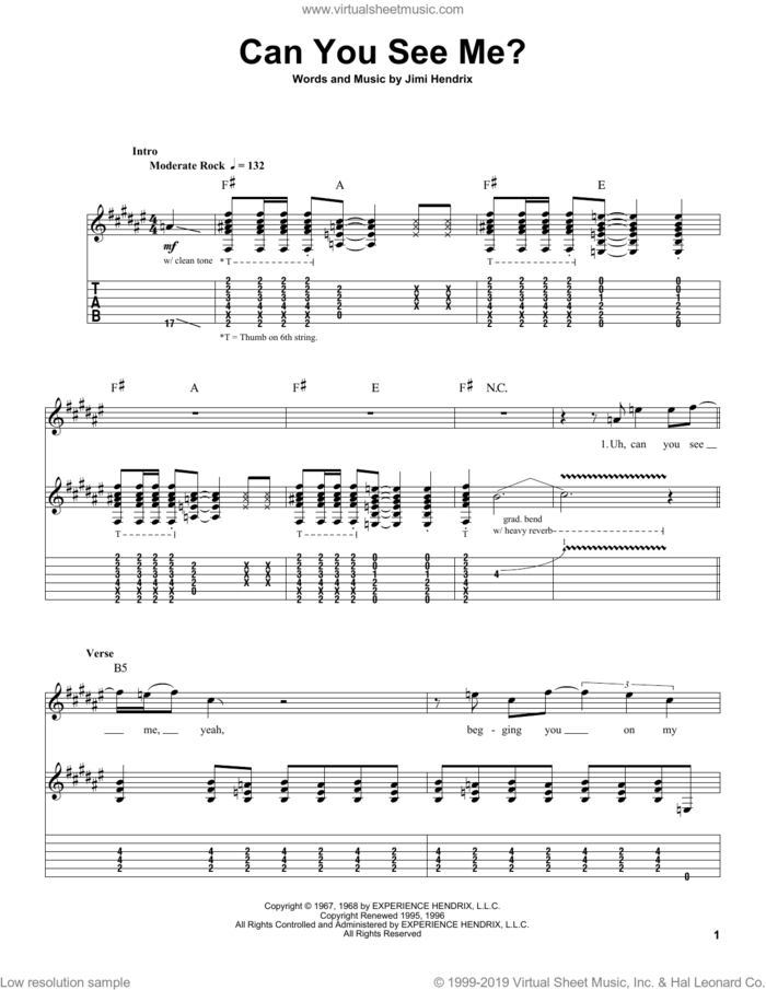 Can You See Me? sheet music for guitar (tablature, play-along) by Jimi Hendrix, intermediate skill level