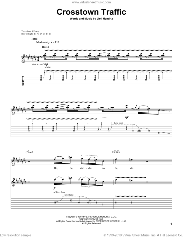 Crosstown Traffic sheet music for guitar (tablature, play-along) by Jimi Hendrix, intermediate skill level